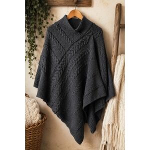 Aran Sweater Market Ireland 100% Merino Wool Cable Knit Poncho Charcoal Gray M/L